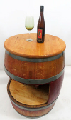 BCT-34, Wine Barrel Display Counter Table, 24 in. table top with wheels. Lacquer finished.